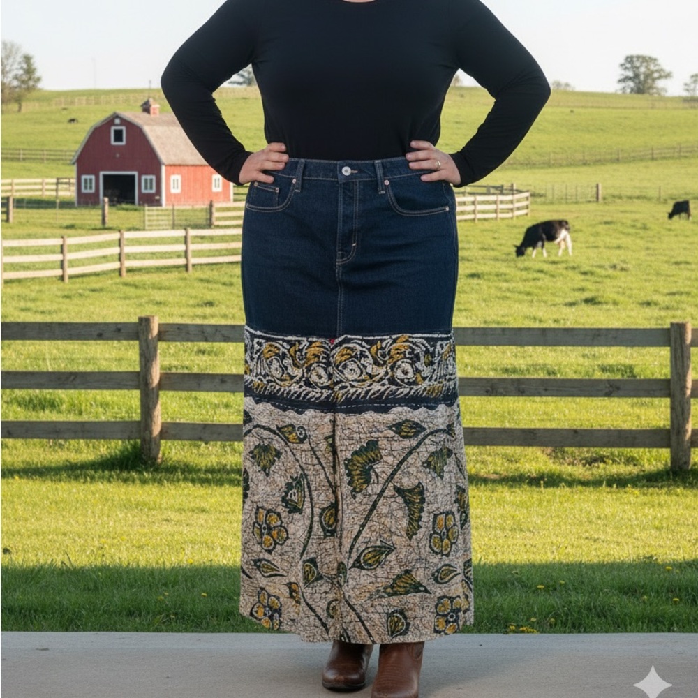 OOAK PLUS SIZE Upcycled Denim/Kantha Skirt